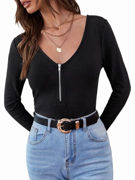 

women's tee t-shirt half zipper ribbed knit tee clothing fdg82y#, White