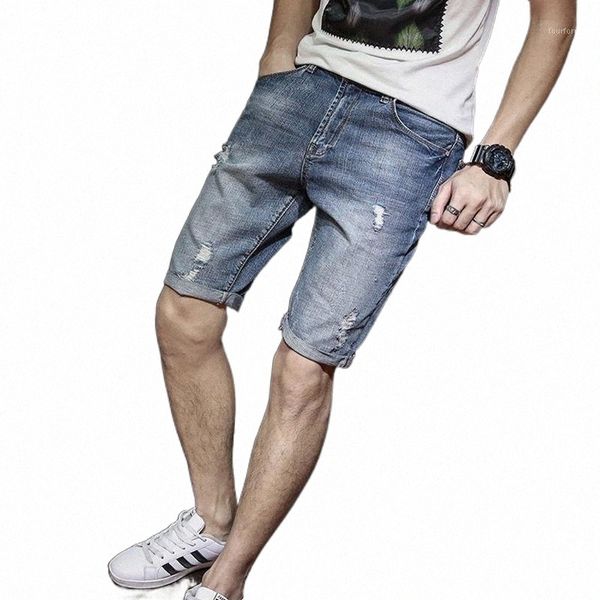 

men's jeans five-point pants loose trend summer slimming casual fashion brand flanging denim shorts 20zb#, Blue
