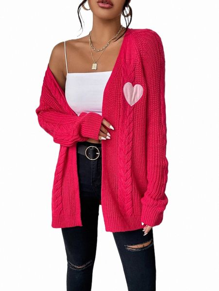 

women's sweaters heart patched detail cable knit raglan sleeve cardigan 68fm#, White;black