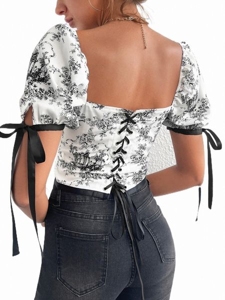 

floral print grommet lace up square neck puff sleeve blouse y4lv#, White