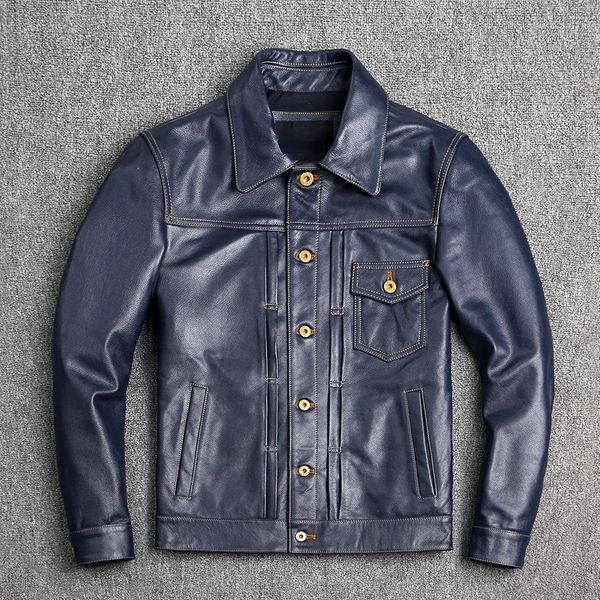 

blue men's cowboy leather jacket genuine quality cowhide short coat slim lapel work clothes natural calf skin jackets 220819, Black;brown