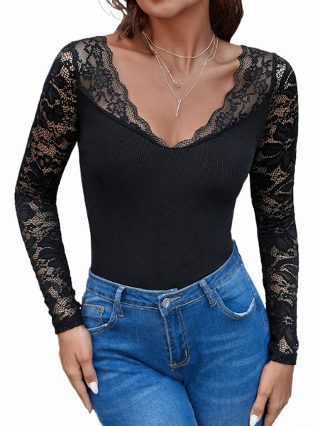 

women's t-shirt & tees contrast lace ribbed knit r7fy0#, White