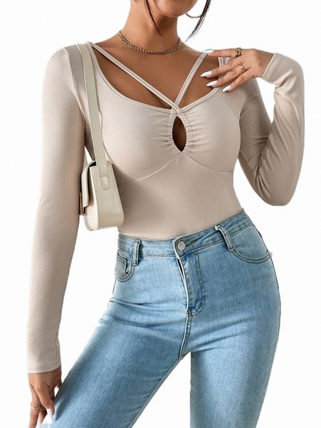 

cut out front ribbed knit tee l75j#, White