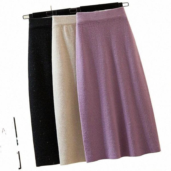 

plus size knitting women skirt high waist skirts purple black apricot 6094 e706#