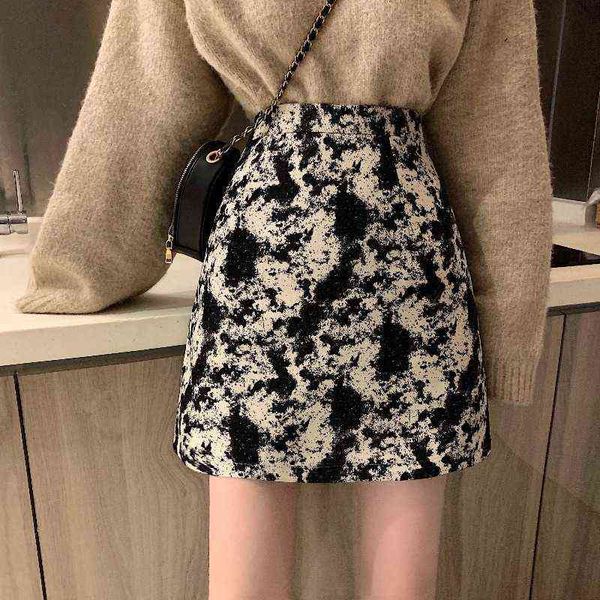 

temperament office lady print mini skirt korean style spring and summer women 2022 new high waist slim a-line hip skirts t220819, Black