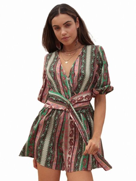 

geo & paisley print puff sleeve belted romper c5tz#, Black;white