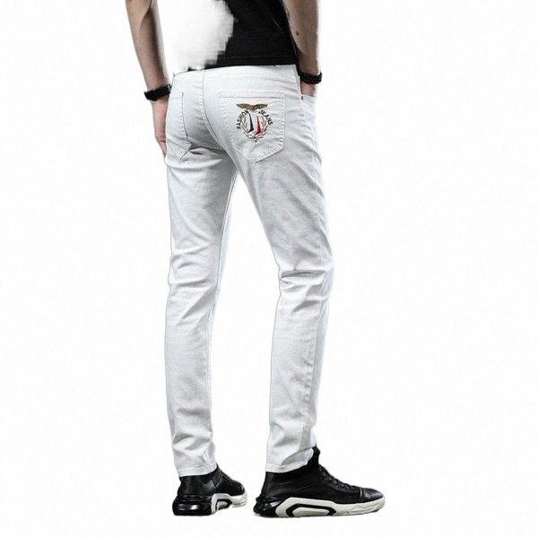 

fashion streetwear men jeans slim fit patches designer ripped destroyed pencil pants white homme men's a8zs#, Blue
