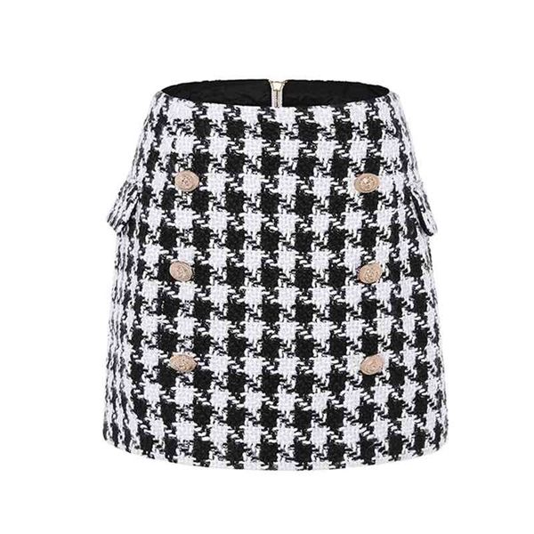 

fashion runway designer women's metal lion buttons embellished houndstooth tweed mini skirt 210325, Black