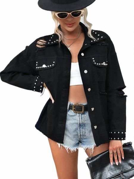 

women's jackets studded detail ripped raw cut denim coat 44xs#, Black;brown