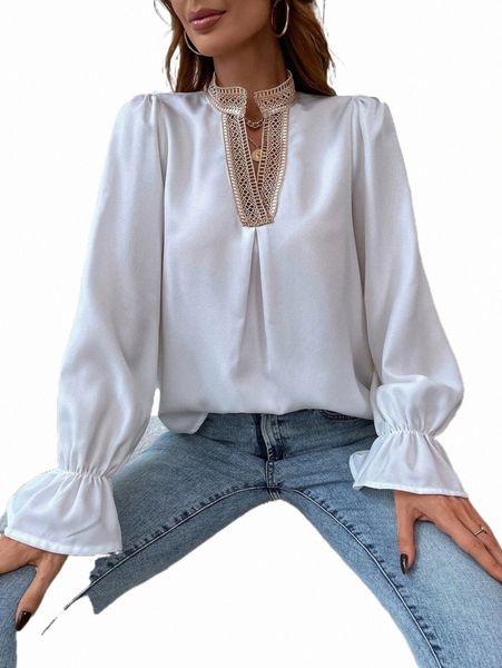 

women's blouses guipure lace insert flounce sleeve blouse g9yl#, White