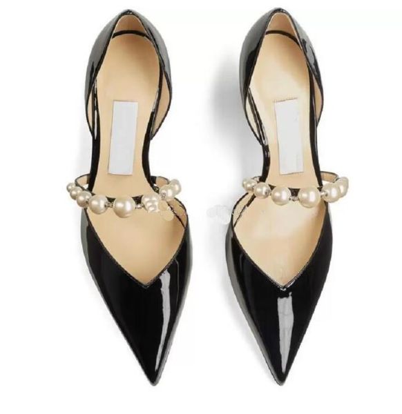 

2022 brands women sandal shoes pumps pointed-toe pump in black white patent leather with pearls crystal embellished high heel female wedding