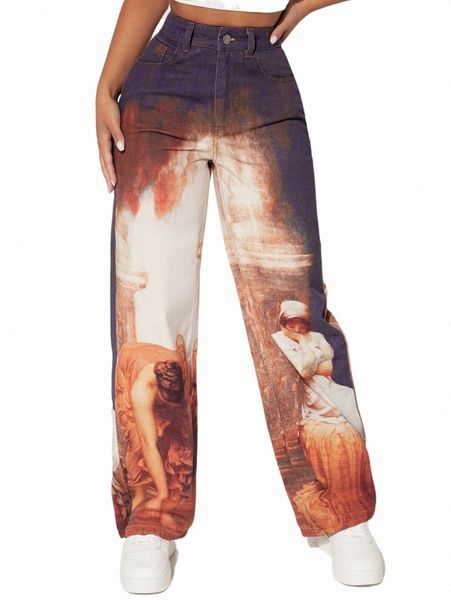 

petite figure graphic high waist straight leg jeans g13p#, Blue