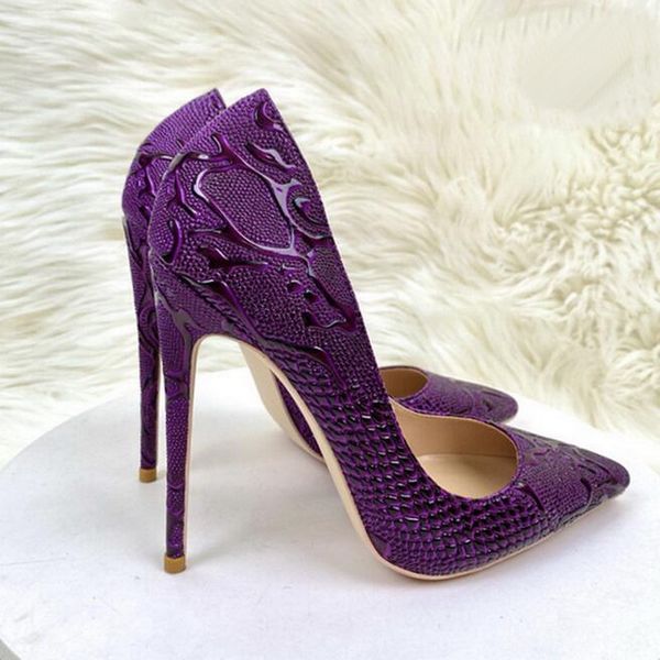 

2023 new fashion purple snake pattern high heel shoes fashiom brand red bottom 12cm thin heels pointed pumps soft leather red soles stiletto, Black