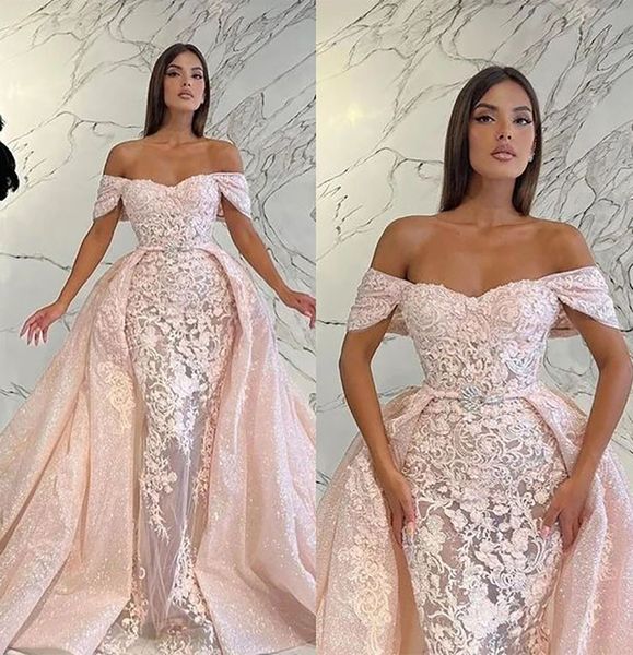 

fashion pink mermaid evening dresses with detachable train illusion off shoulder prom dress pageant gown custom made lace robes, Black