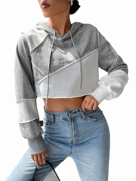 

women's sweatshirts two tone stitching drawstring crop hoodie b7iq#, Black
