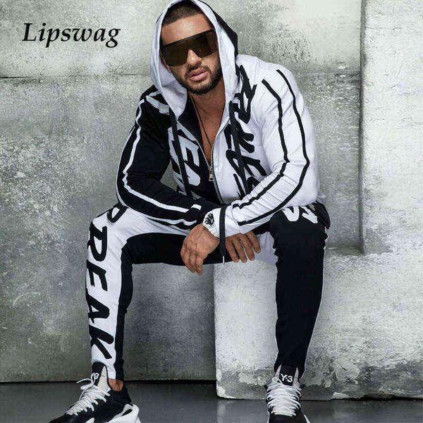 

2021 spring fashion 2 piece sets men hooded drawstring sweatshirt and slim jogger sweatpants tracksuit patchwork male casual set t220819, Gray