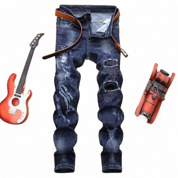 

men's jeans pants korean holes slim fit elastic versatile n1lf#, Blue
