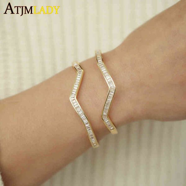 

designer 2021 arrived gold color sparking cz baguette bracelet setting aaa cubic zirconia big cuff bangle for women elegance jewelry, Black