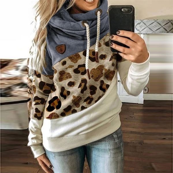 

womens leopard patchwork hoodies sweatshirt autumn winter turtleneck long sleeve outwear drawstring hooded pullovers streetwear a220818, Black