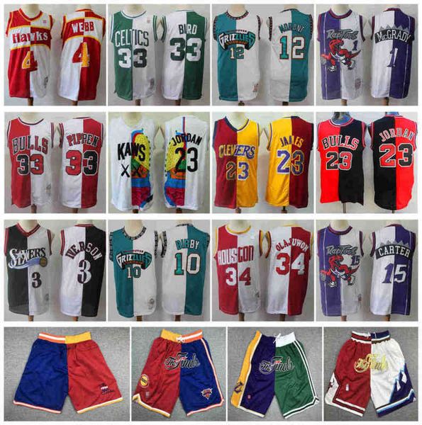 

joining together authentic mens retro 23 mj basketball jersey 12 morante 33 pippen 1 mcgrady 15 carter split patchwork color suit shorts, Black;red