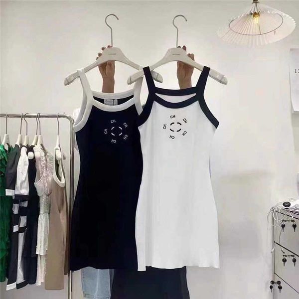 

frence designer dresses summer autumn new black and white color knit ice silk strap skirt slim show thin embroidery sundress, Black;gray