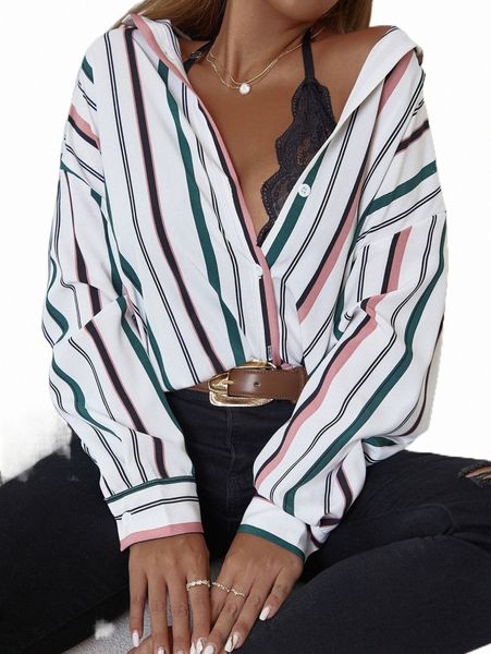 

striped print drop shoulder shirt q1an#, White