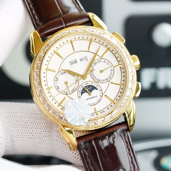 

ppf factory men's watch leather strap 41mm folding buckle 316l fine steel sapphire glass mirror, Slivery;brown