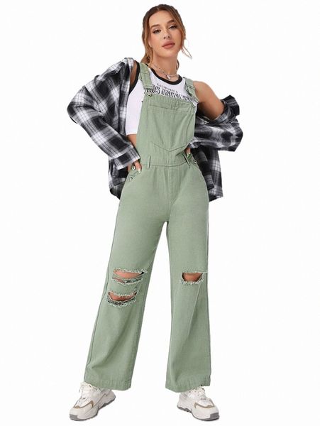 

1pc cut out ripped patched pocket denim overalls q2qt#, Black;white