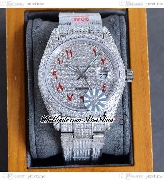 

rf 40 126334 eta a2824 automatic mens watch paved diamond dial red arabic script fully iced out diamonds 904l oystersteel bracelet jewelry w, Slivery;brown