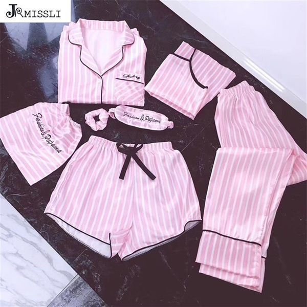 

jrmissli women 7 pieces pink pajamas sets satin silk lingerie home wear sleepwear pyjamas set pijama woman y201012253m, Black;red