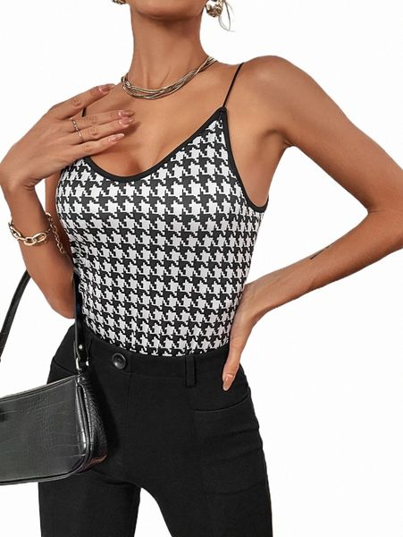 

houndstooth pattern contrast binding cami bodysuit s1ye#, White