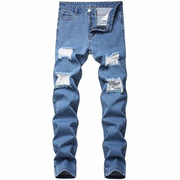 

men jeans ripped hole trend denim slim pants men's 77eh#, Blue