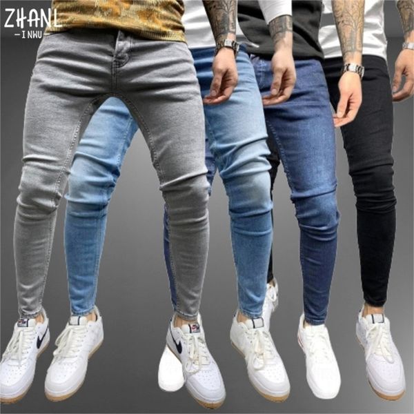 

jeans men casual black slim pencil pants mens fashion skinny biker pants streetwear work trousers hip hop party denim clothing 220818, Blue