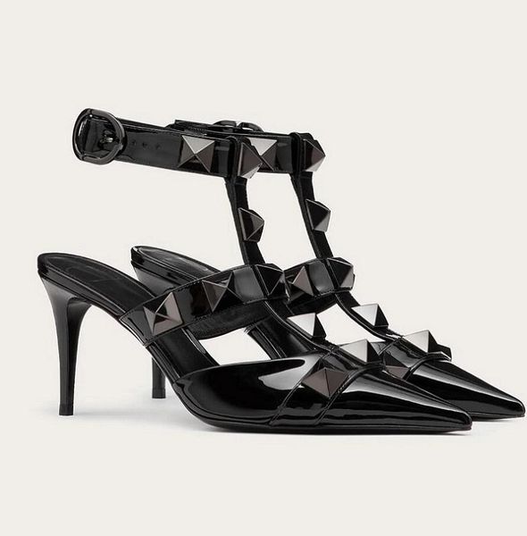 

s-quality brands roman stud sandal women pumps black patent leather strappy maxi studs high heels perfect summe valentinoe''valent