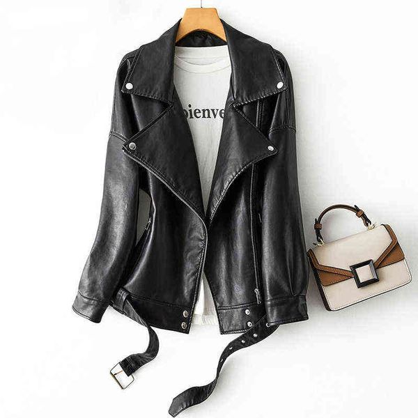 

fmfssom women overiszed turndown collar faux soft pu leather jacket loose with belt autumn black leather coat windproof outwear t220810