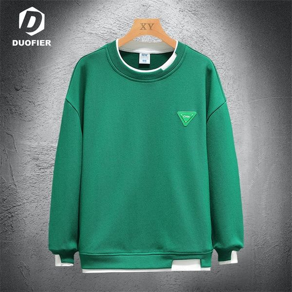 

autumn mens pullover hoodie fashion fake two piece sweatshirt long sleeve solid simple streetwear round neck men hoodies 220819, Black