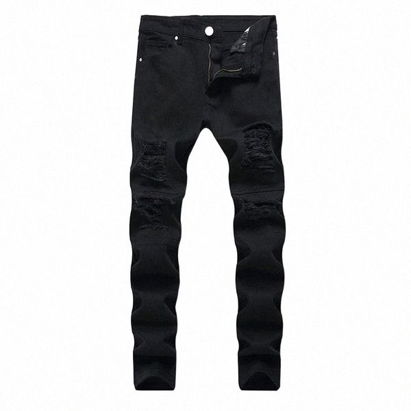 

men's jeans frayed men trendy micro-elastic small straight slim young fashion trousers four season for male1 f5z4#, Blue