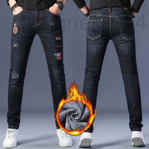 

men's jeans designer versatile korean pants men's autumn and winter thick fleece embroidery hole elastic slim fit fashion trend je, Blue