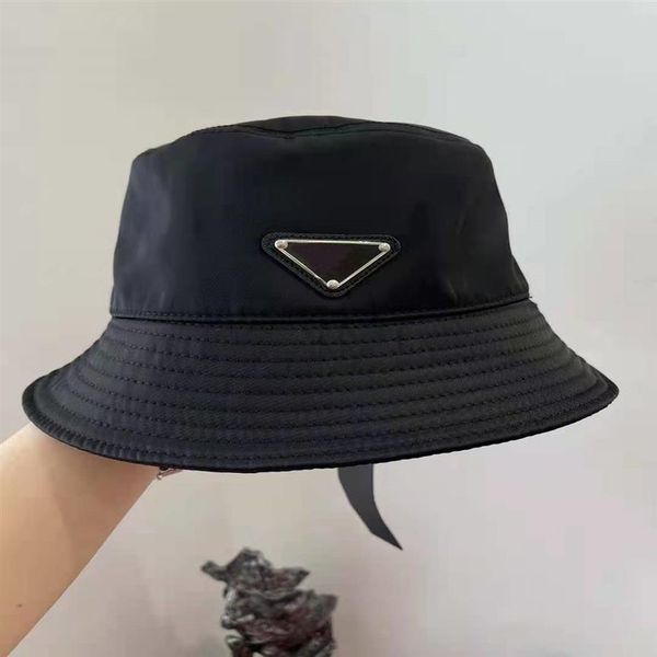

women re-nylon bucket cloches strip cotton lining summer sun protection cap designer men enameled metal triangle logo beach campan243k, Blue;gray