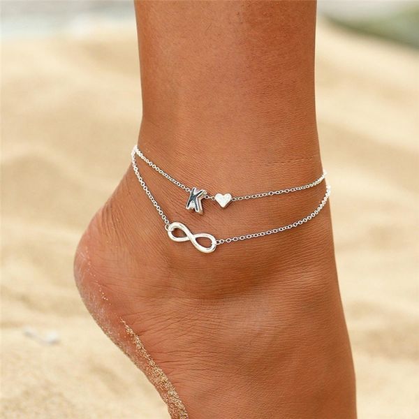 

womens anklet bohemian layered strands 26 letter heart summer beach anklets on foot ankle bracelets leg chain jewelry, Black