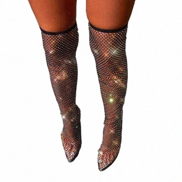 

women's boots over the knee boot thigh high botas pointed toe heels shoes female crystal fishnet mesh nightclub shoes h1116 e35g#, Black