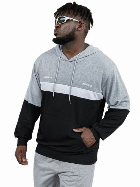 

extended sizes men letter graphic colorblock drawstring hoodie y0zm#, Black