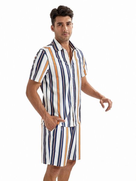 

men colorful striped shirt & shorts w178#, Gray