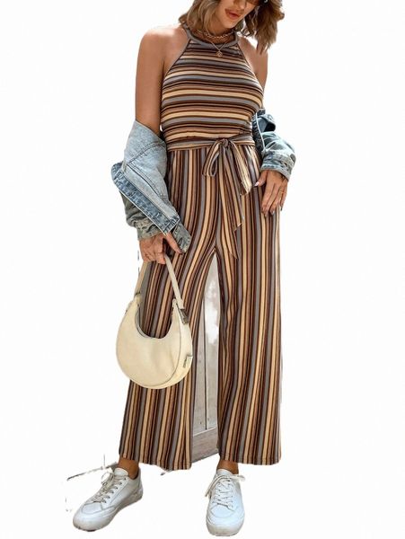 

colorful striped halter neck belted jumpsuit l0tg#, Black;white