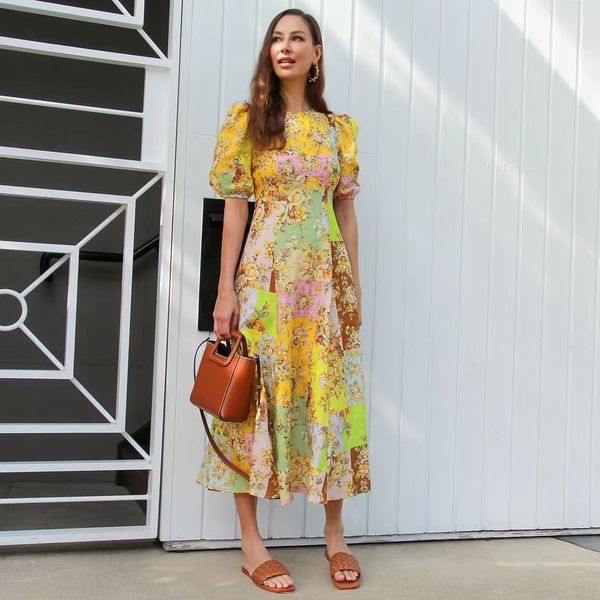 

2022 australian fashion color blocking floral print long dress, Black;gray
