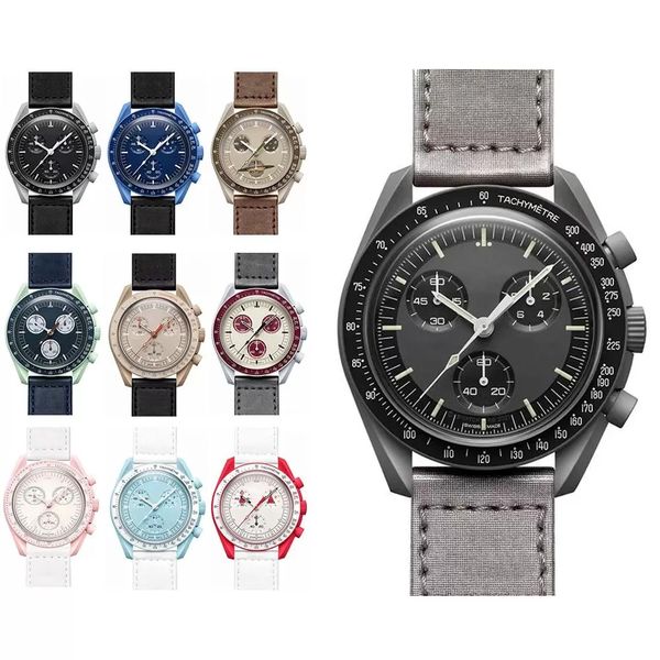 

wristwatches bioceramic moonswatch men's 6 pins quarz chronograph mens watch mission to mercury 42mm nylon luxury watch james montre de, Slivery;brown