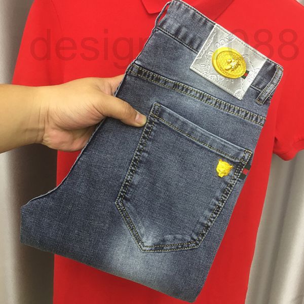 

men's jeans designer jeans light blue summer thin new tiger head decoration slim fit small feet washed youth trend pants 8lef