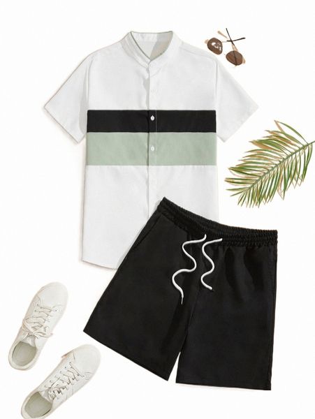 

men colorblock shirt & drawstring waist shorts w2ff#, Gray