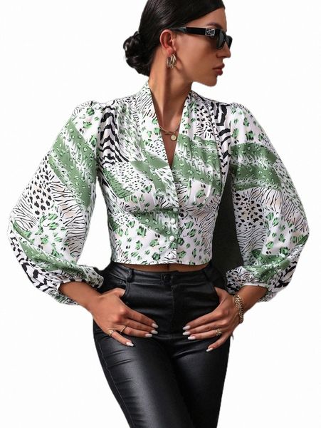 

allover print lantern sleeve crop blouse i3n9#, White