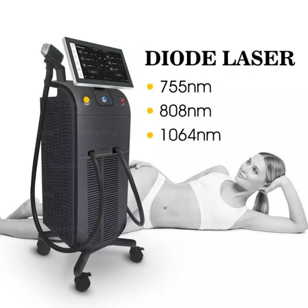 

diode laser hair remove 2 handle can work at the same time 3 wavelength 600w 755nm 808nm 1064nm cold painless hair removal machine skin reju, Black